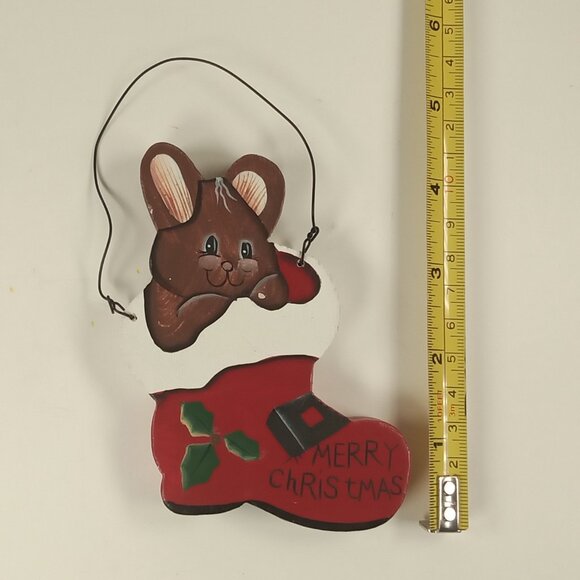 "Merry Christmas" Cute Bunny in Red Stocking Wooden Painted Christmas Ornament - Picture 3 of 3